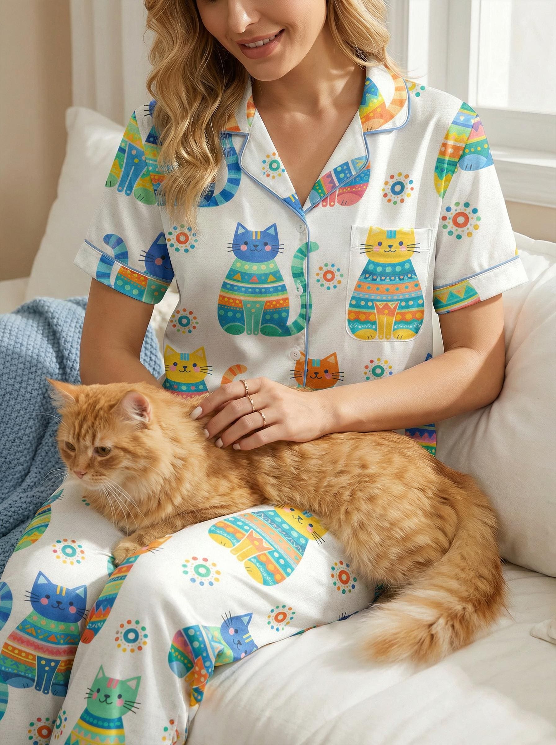 Cat Satin Pajama Set, Cute Cat Sleepwear, Women’s Lounge Pajamas, Summer Sleepwear Cat Meme Xmas Wedding Pajamas,  Gift for Her