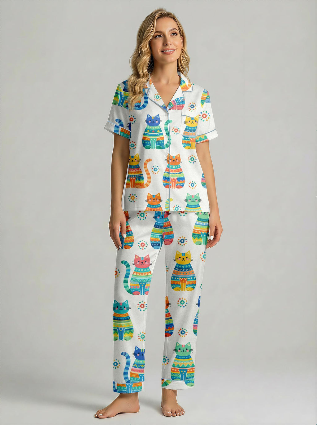 Cat Satin Pajama Set, Cute Cat Sleepwear, Women’s Lounge Pajamas, Summer Sleepwear Cat Meme Xmas Wedding Pajamas,  Gift for Her