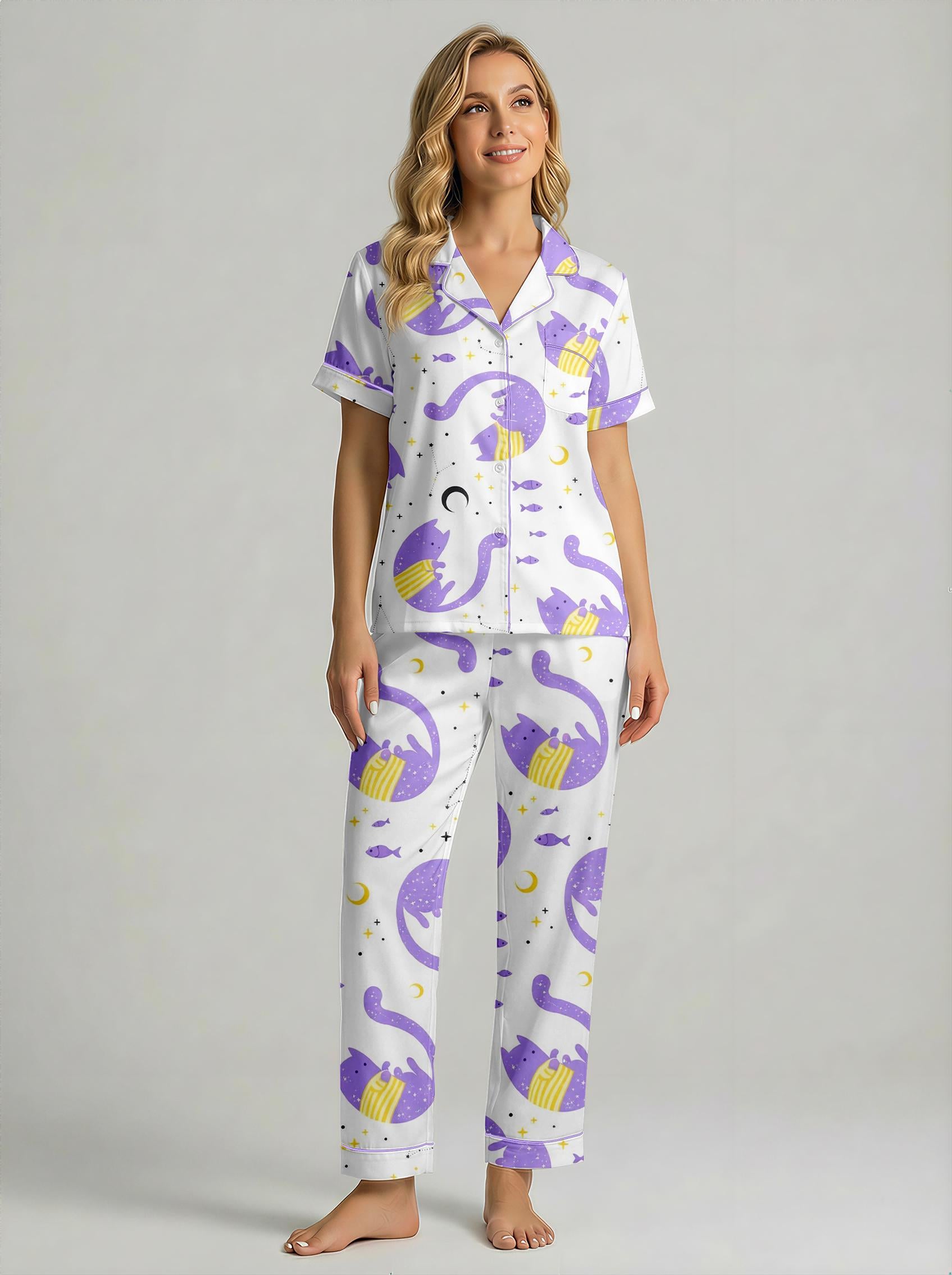 Purple Cat Satin Pajama Set, Cute Cat Print , Women’s Lounge Pajamas, Summer Sleepwear Pet Meme Xmas Wedding Pajamas,  Gift for Her