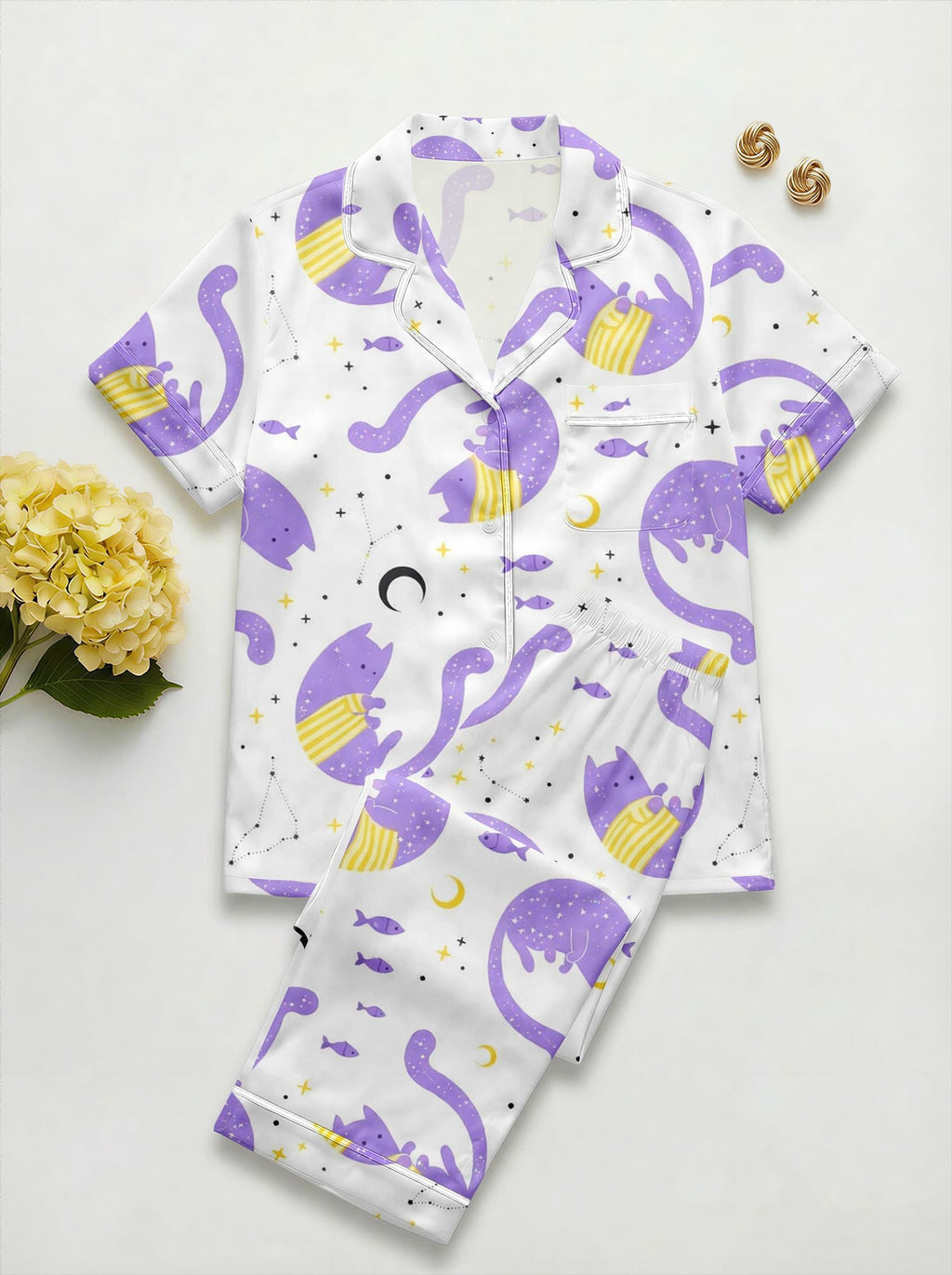 Purple Cat Satin Pajama Set, Cute Cat Print , Women’s Lounge Pajamas, Summer Sleepwear Pet Meme Xmas Wedding Pajamas,  Gift for Her
