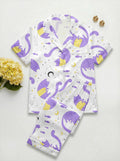 Purple Cat Satin Pajama Set, Cute Cat Print , Women’s Lounge Pajamas, Summer Sleepwear Pet Meme Xmas Wedding Pajamas,  Gift for Her