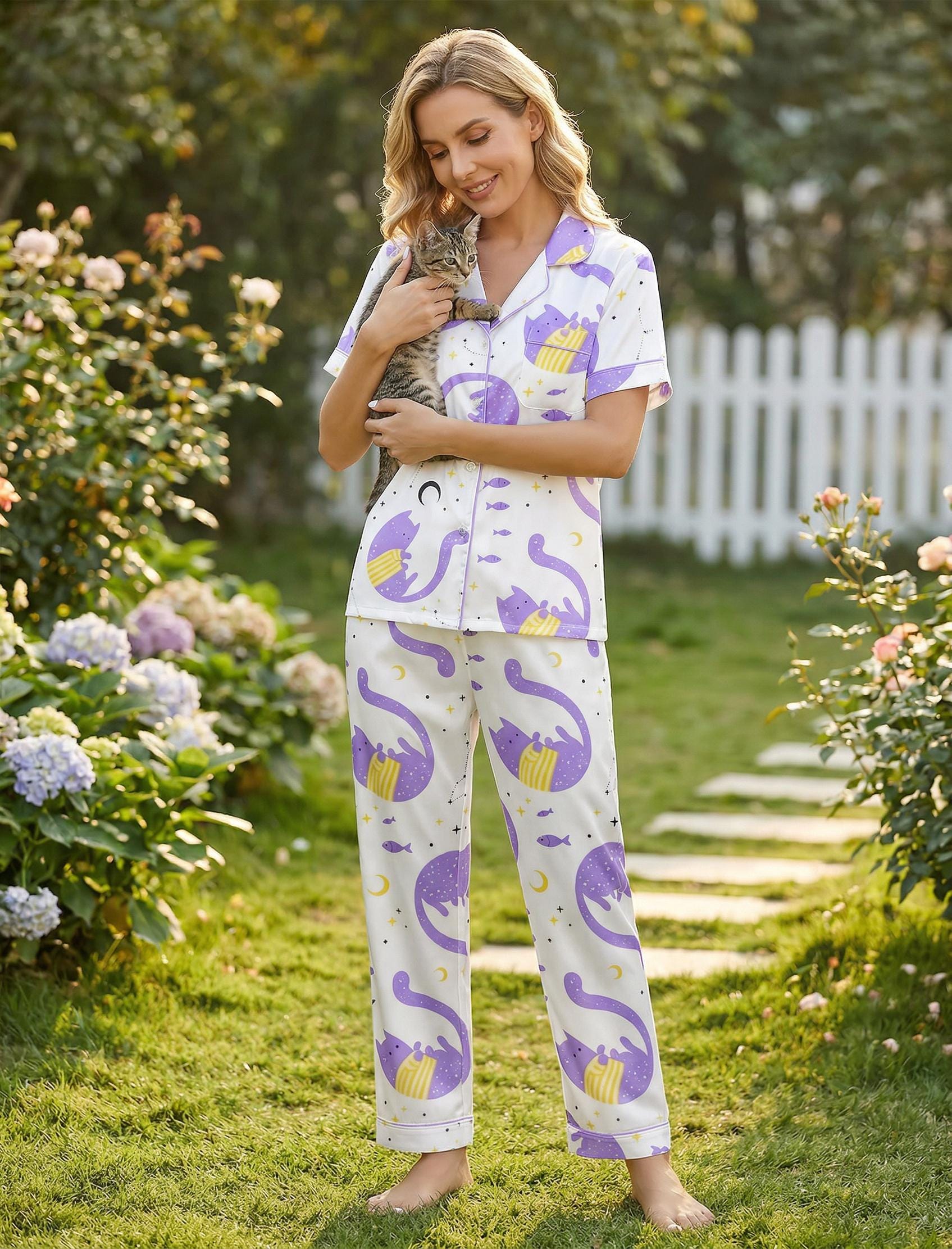 Purple Cat Satin Pajama Set, Cute Cat Print , Women’s Lounge Pajamas, Summer Sleepwear Pet Meme Xmas Wedding Pajamas,  Gift for Her