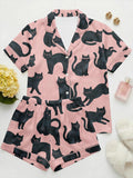 Cat Mom Gift - Cute Kitten Print Pajama Set - Silky Satin Summer Sleepwear - Gift for Pet Lovers