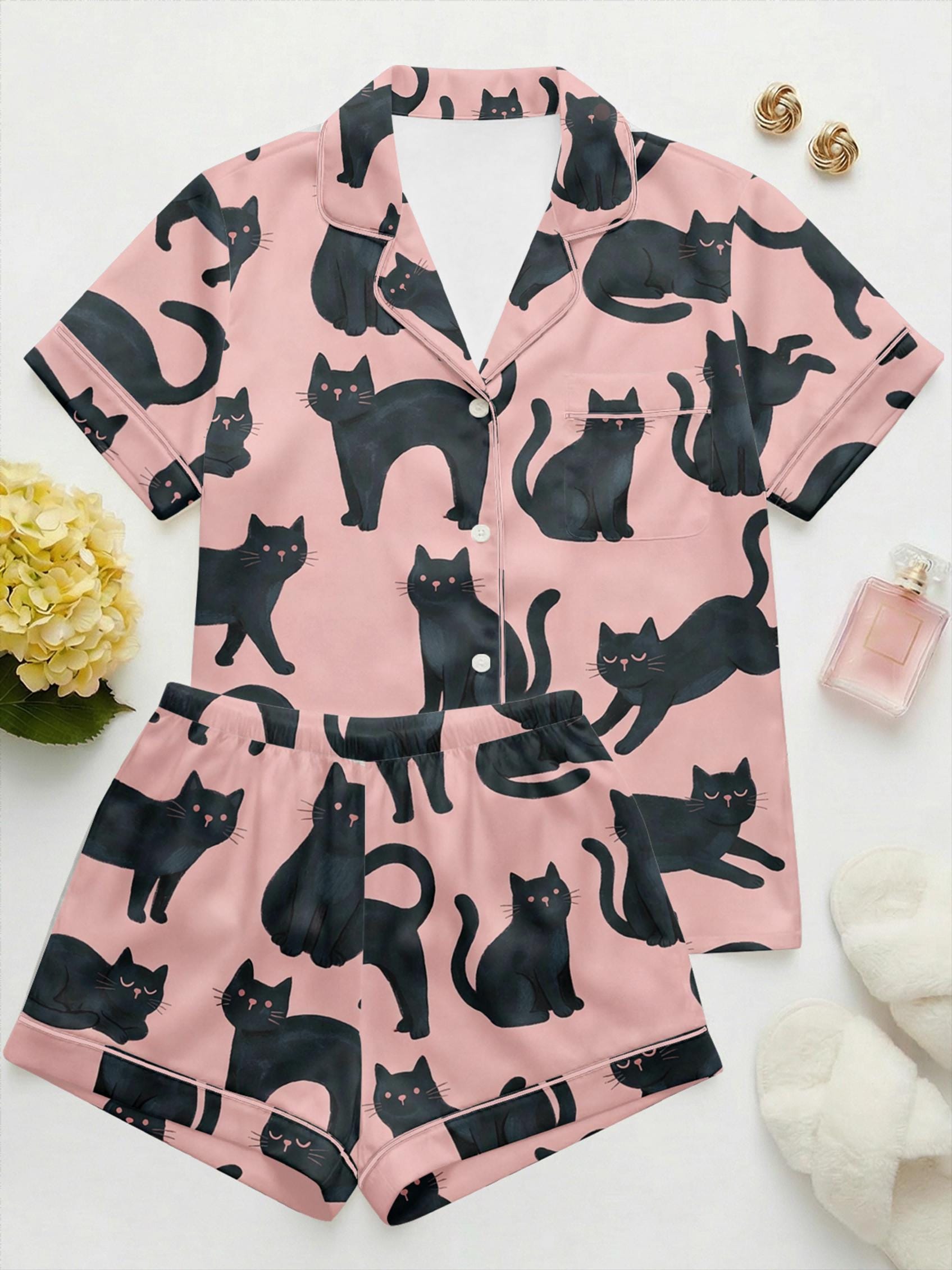Cat Mom Gift - Cute Kitten Print Pajama Set - Silky Satin Summer Sleepwear - Gift for Pet Lovers