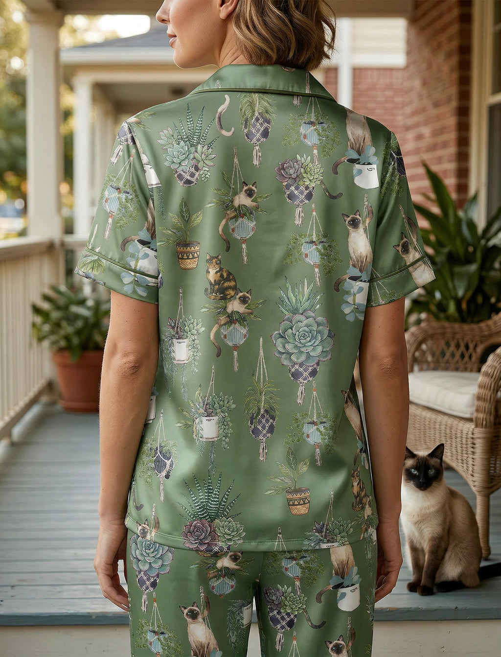 Women’s Garden  Cat Pajama Set, Botanical Cat Print Satin Pajamas, Short Sleeve Summer Loungewear, Family Matching Sleepwear, Gift for Her