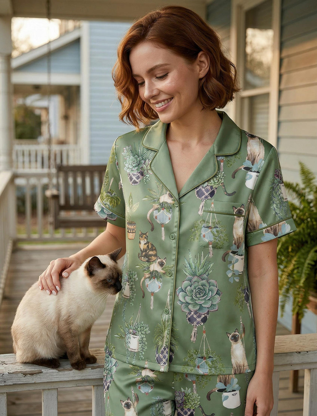 Women’s Garden  Cat Pajama Set, Botanical Cat Print Satin Pajamas, Short Sleeve Summer Loungewear, Family Matching Sleepwear, Gift for Her