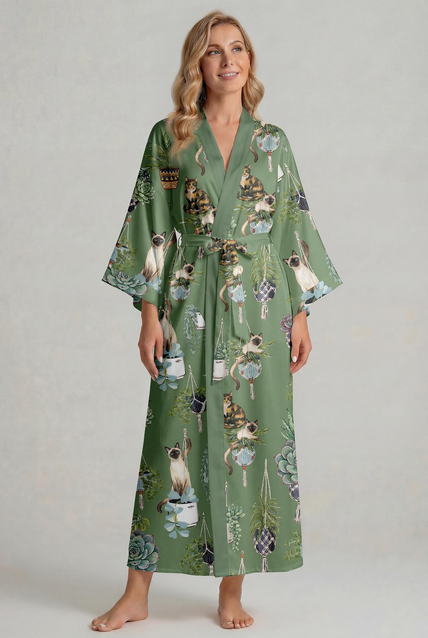 Women’s Garden  Cat Pajama Set, Botanical Cat Print Satin Pajamas, Short Sleeve Summer Loungewear, Family Matching Sleepwear, Gift for Her