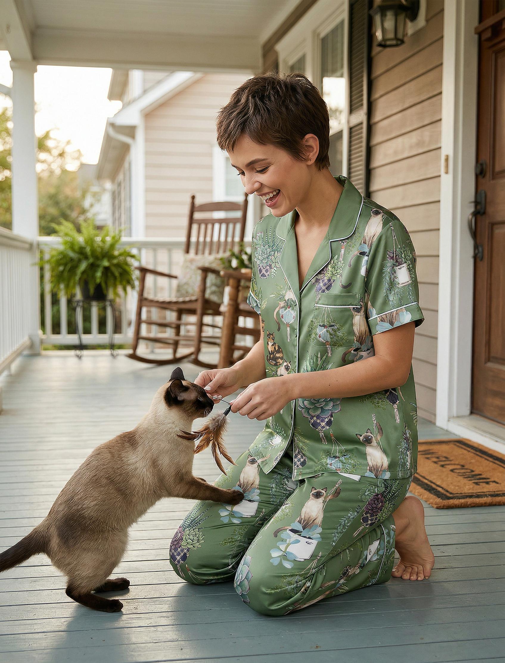 Women’s Garden  Cat Pajama Set, Botanical Cat Print Satin Pajamas, Short Sleeve Summer Loungewear, Family Matching Sleepwear, Gift for Her