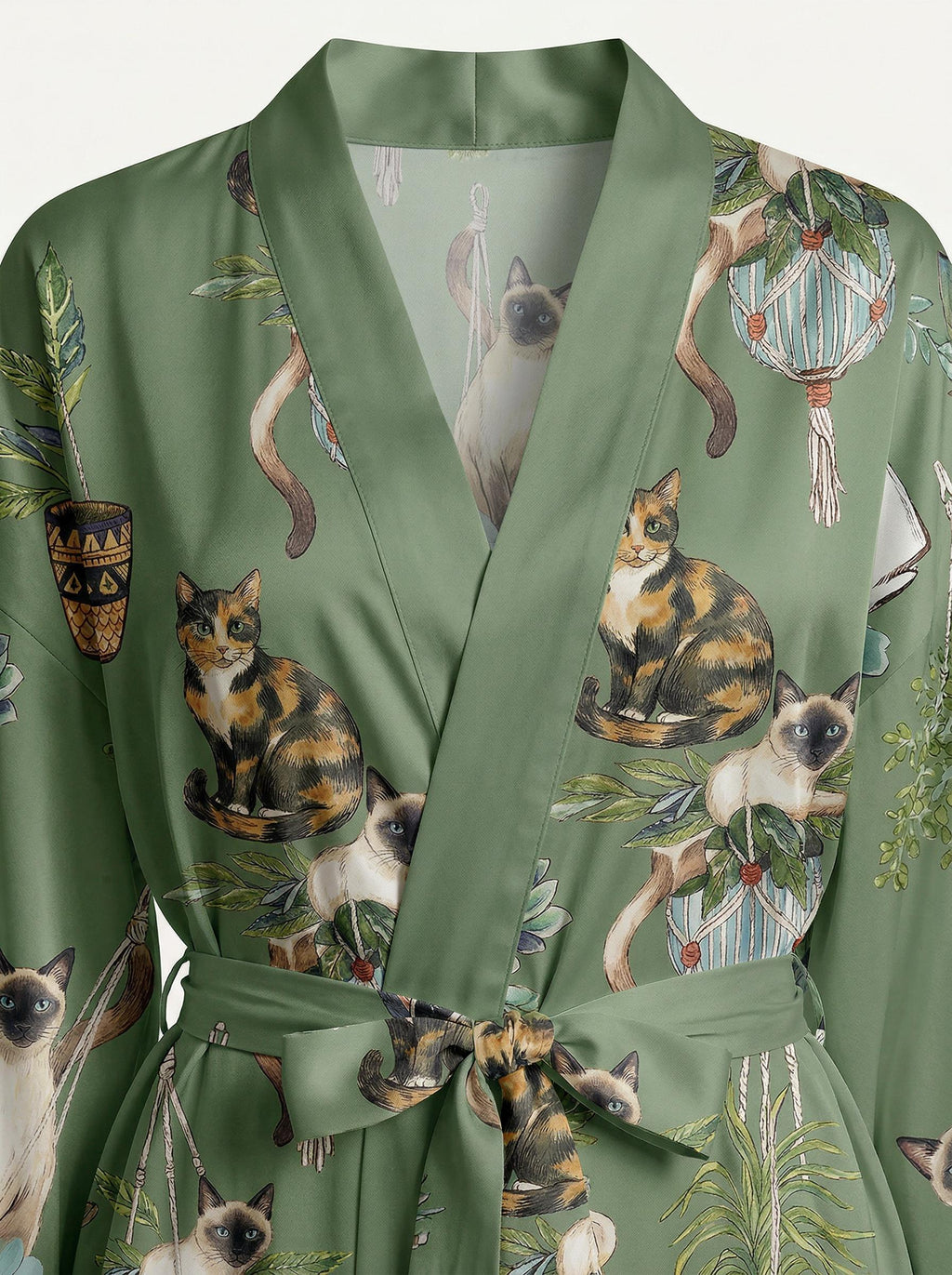 Women’s Garden  Cat Pajama Set, Botanical Cat Print Satin Pajamas, Short Sleeve Summer Loungewear, Family Matching Sleepwear, Gift for Her