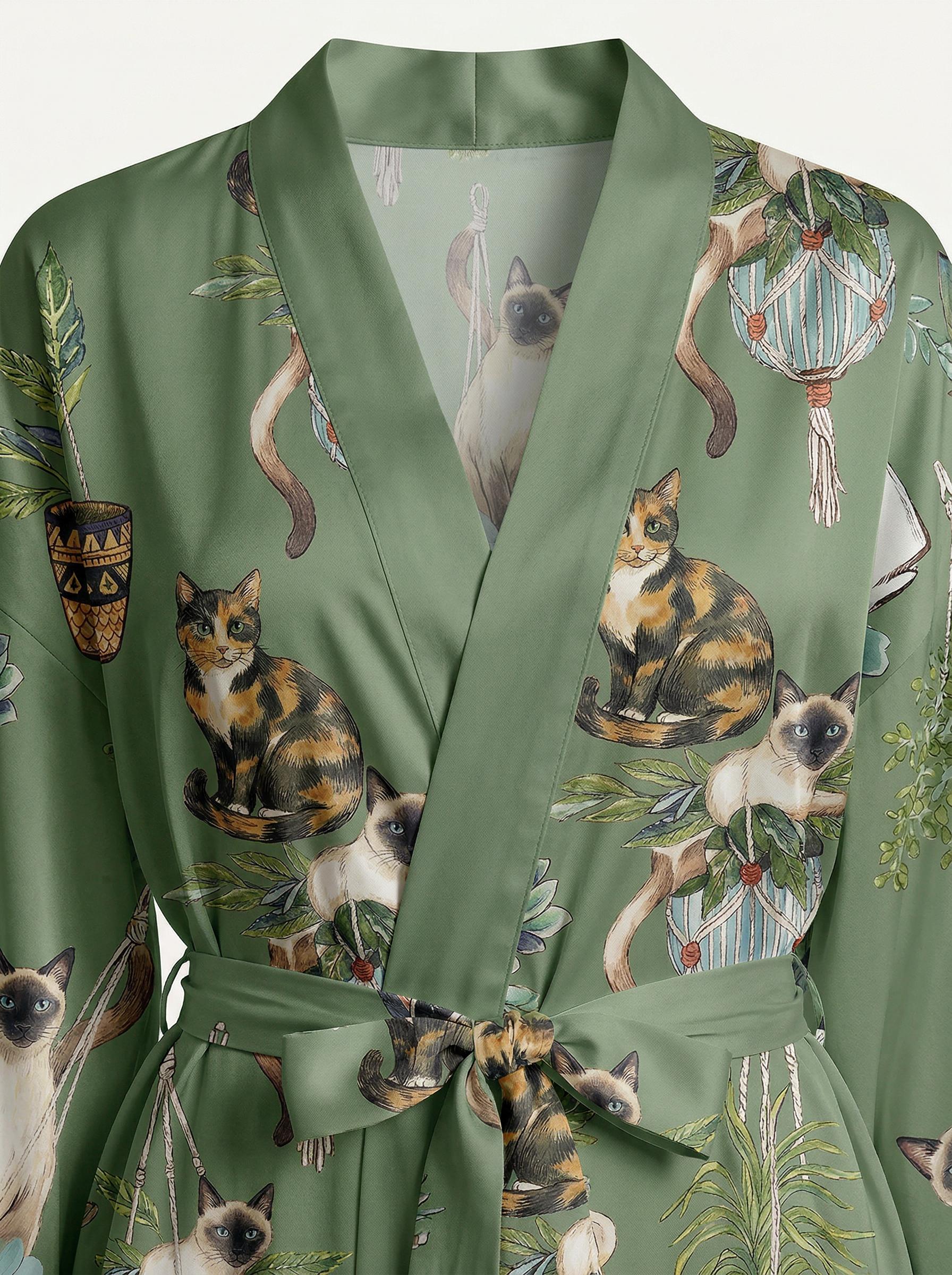 Women’s Garden  Cat Pajama Set, Botanical Cat Print Satin Pajamas, Short Sleeve Summer Loungewear, Family Matching Sleepwear, Gift for Her