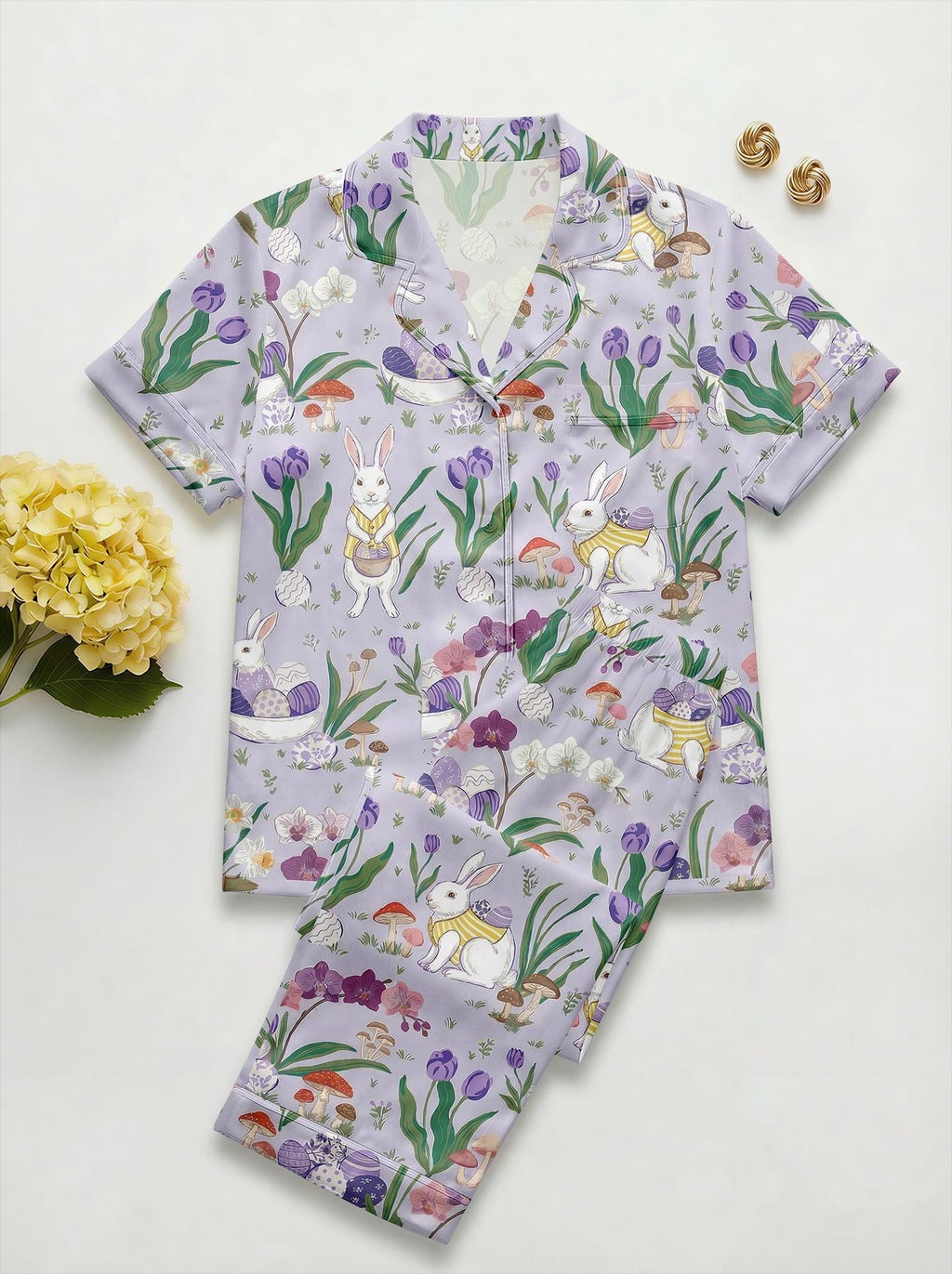 Easter Bunny Pajama Set for Women, Cute Rabbit & Easter Egg Print Satin PJs, Spring Family Matching Sleepwear, Easter Gift for Her