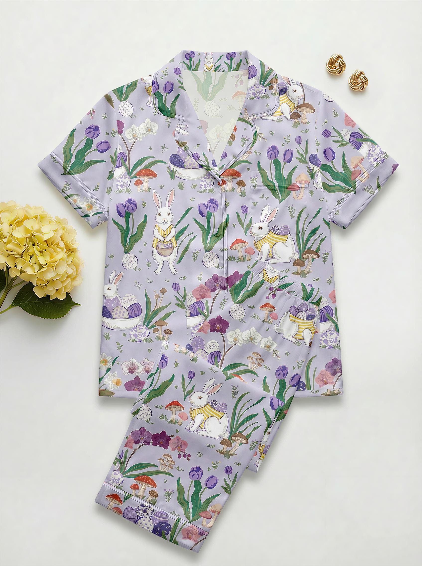 Easter Bunny Pajama Set for Women, Cute Rabbit & Easter Egg Print Satin PJs, Spring Family Matching Sleepwear, Easter Gift for Her