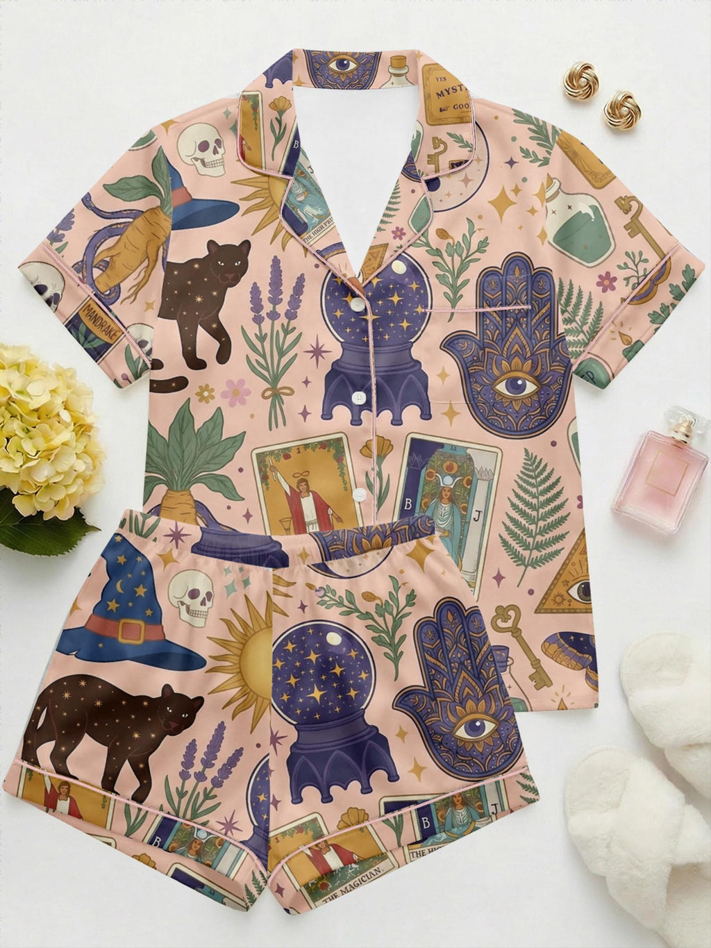Mystic Tarot Pajama Set - Celestial Witchy Sleepwear - Gothic Sun Moon Nightwear - Astrology Gift for Witch - Dark Academia Loungewear