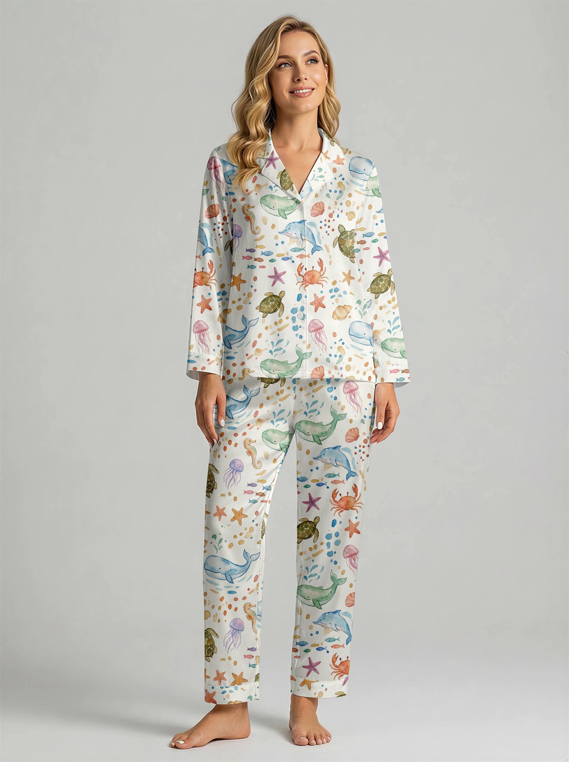 Ocean Life Satin Pajama Set,Whale Orca Turtle Dolphin Print Sleepwear,Marine Biology Gift,Stingray and Starfish Satin PJs