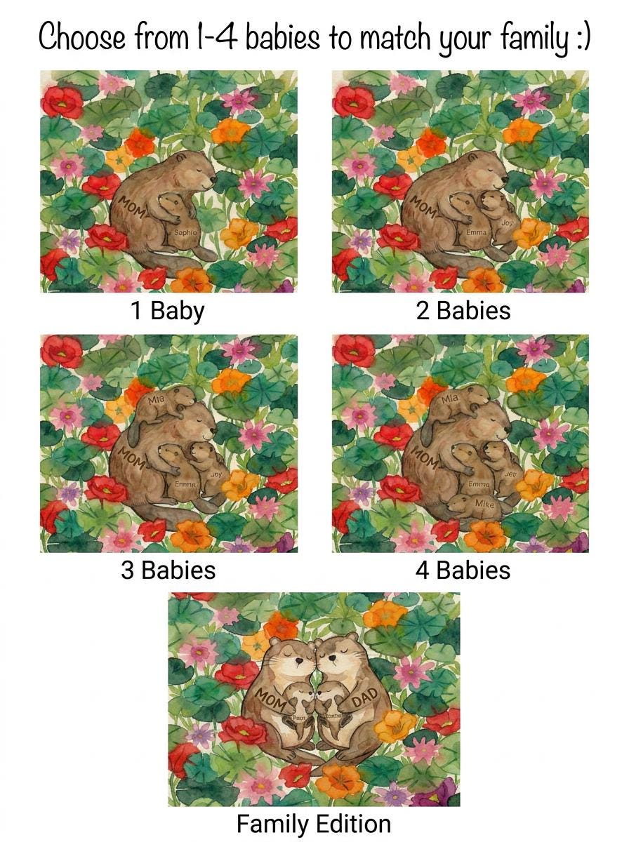 Personalized Pajamas  –Gift for Mom,  Custom Family Name Pajama Set ,Mothers Day Present ,Cute Otter Family Print Sleepwear