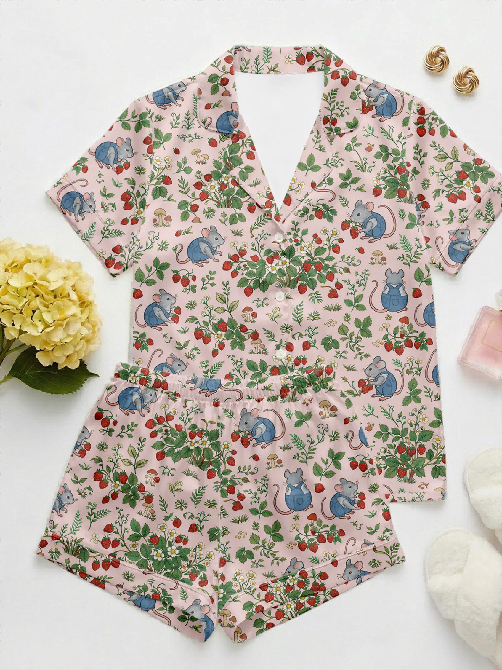 Strawberry Print Pajama Set for Women, Cottagecore Satin Sleepwear, Cute Garden Strawberry Pajamas, Soft Summer Loungewear Gift for Mom