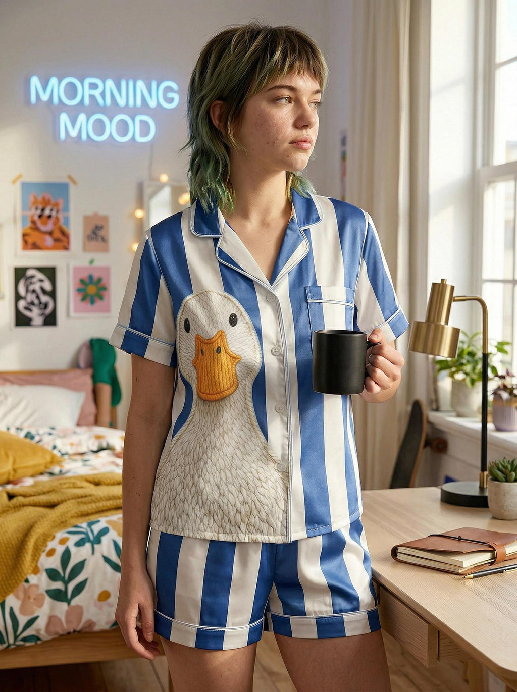 Funny Goose Pajamas for Women, Cute Duck Sleepwear, Blue Stripe Pajama Set, Silly Goose Gift, Cozy Lounge Set Gift for Her