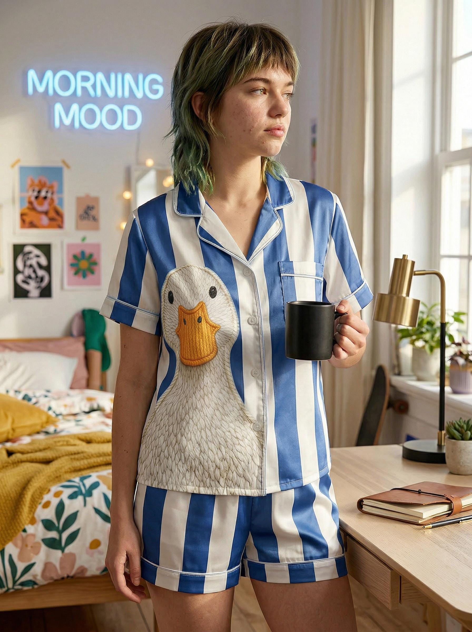 Funny Goose Pajamas for Women, Cute Duck Sleepwear, Blue Stripe Pajama Set, Silly Goose Gift, Cozy Lounge Set Gift for Her