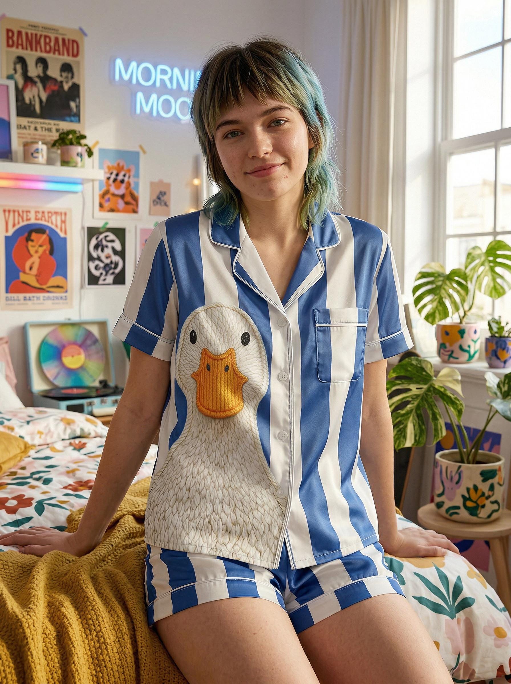 Funny Goose Pajamas for Women, Cute Duck Sleepwear, Blue Stripe Pajama Set, Silly Goose Gift, Cozy Lounge Set Gift for Her