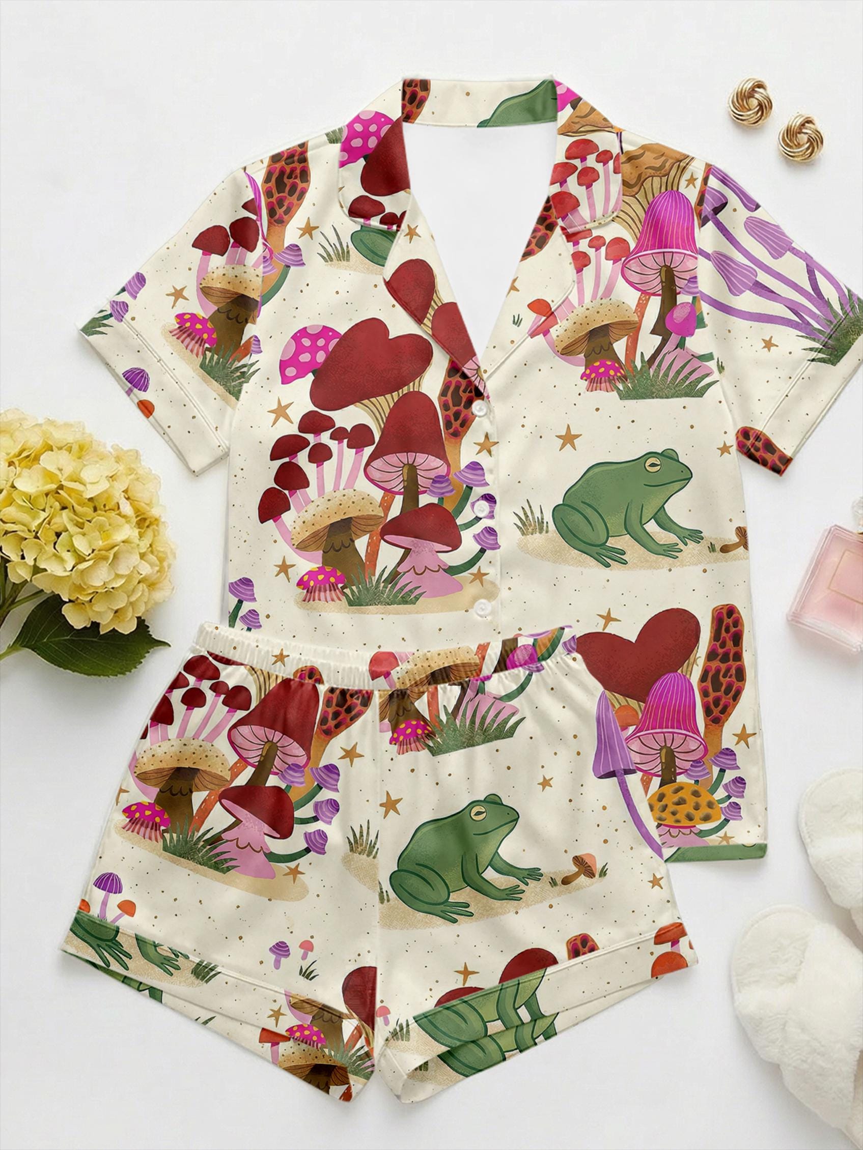 Mushroom Frog Pajama Set for Women, Cottagecore Summer Sleepwear, Cute Forest Mushroom Print Pajamas, Soft Satin Lounge Set Gift for Her