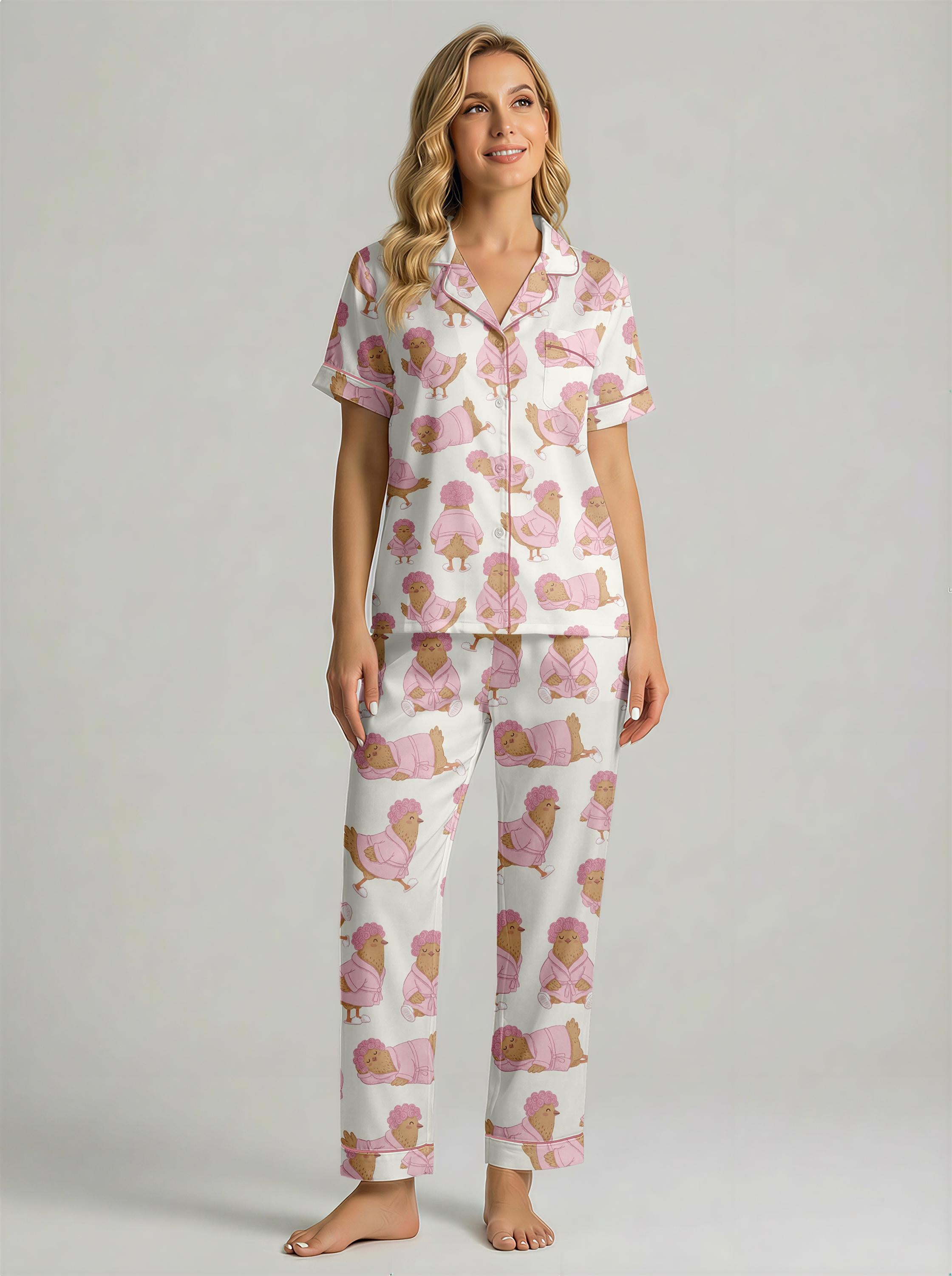 Cute Chicken Pajama Set for Women, Pink Farm Animal Pajamas, Cottagecore Chicken Sleepwear, Funny Chicken Gift for Mom, Mothers Day Pajamas