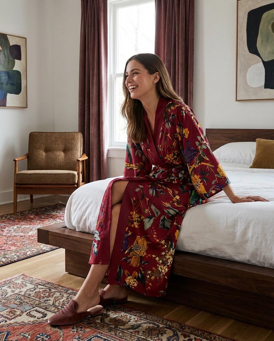 Luxury Boho Kimono Robe, Vintage Floral Bird Print Satin Robe, Cottagecore Gown, Resort Wear, Elegant Lightweight Summer Robe for Women