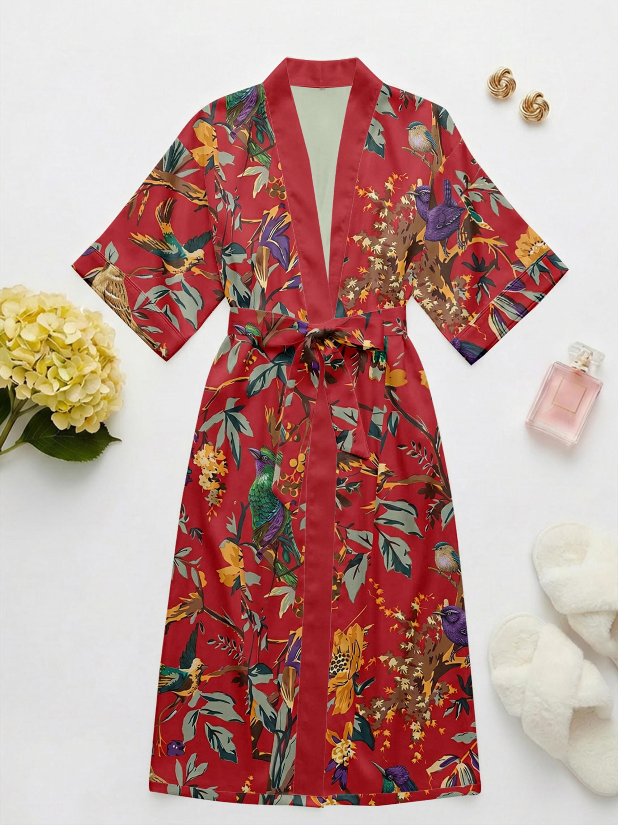 Luxury Boho Kimono Robe, Vintage Floral Bird Print Satin Robe, Cottagecore Gown, Resort Wear, Elegant Lightweight Summer Robe for Women