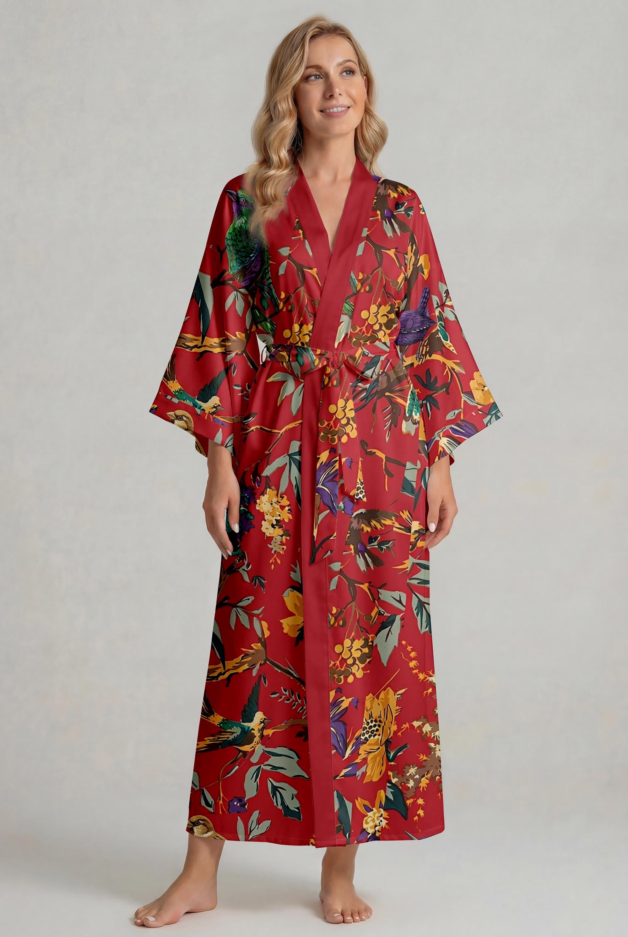 Luxury Boho Kimono Robe, Vintage Floral Bird Print Satin Robe, Cottagecore Gown, Resort Wear, Elegant Lightweight Summer Robe for Women