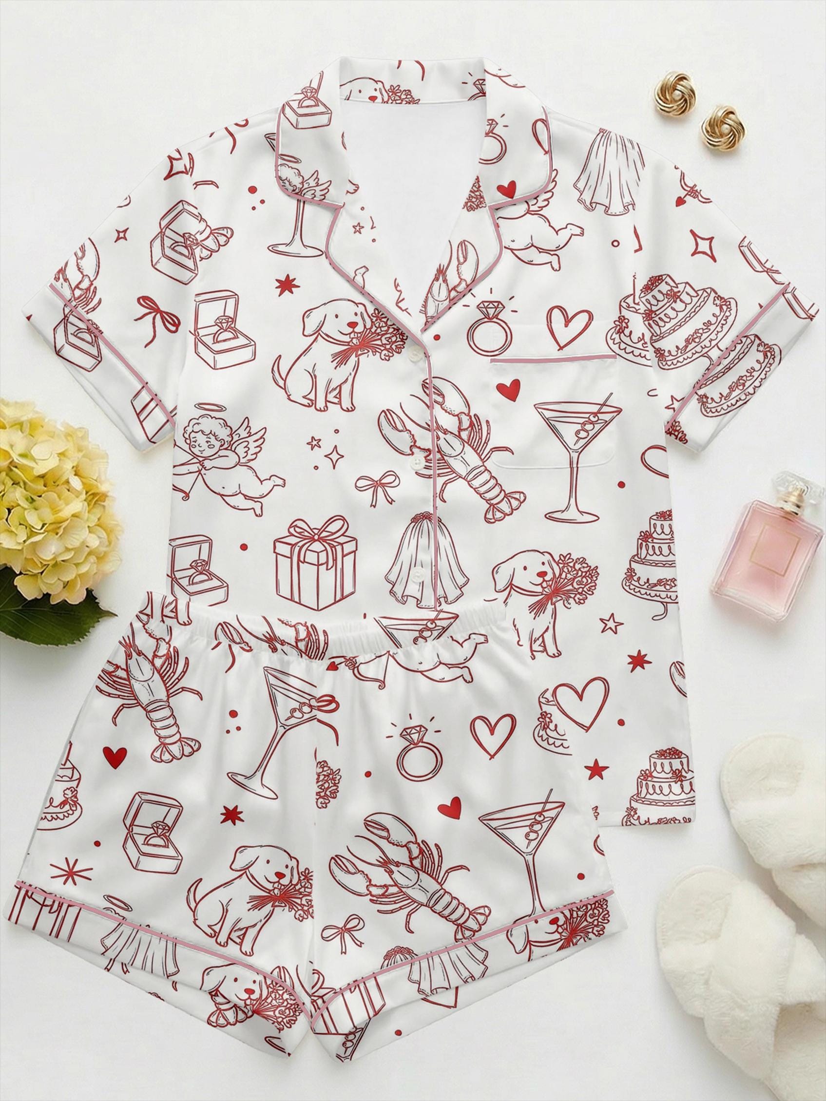 Bridal Satin Pajama Set for Bride, Hand Drawn Wedding Illustrations Pajamas, Bridal Shower & Bachelorette Party PJs, Wedding Morning Gift