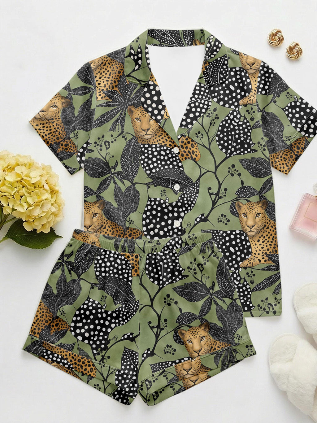 Leopard Print Pajama Set for Women, Polka Dot Jungle Sleepwear, Summer Tropical Loungewear, Short Button Shirt & Shorts Set, Gift for Her