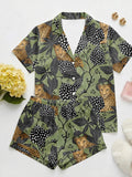 Leopard Print Pajama Set for Women, Polka Dot Jungle Sleepwear, Summer Tropical Loungewear, Short Button Shirt & Shorts Set, Gift for Her