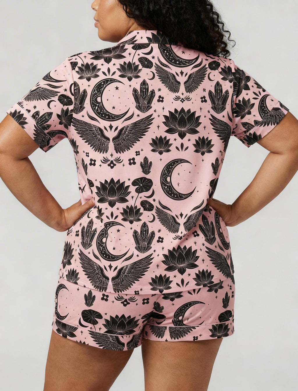 Plus Size  Pajamas for Women, Witchy Crystal Print Sleepwear, Boho Mystic Satin Pajama Set, Cozy Custom Pattern， Gift for Herr (0X–4X)