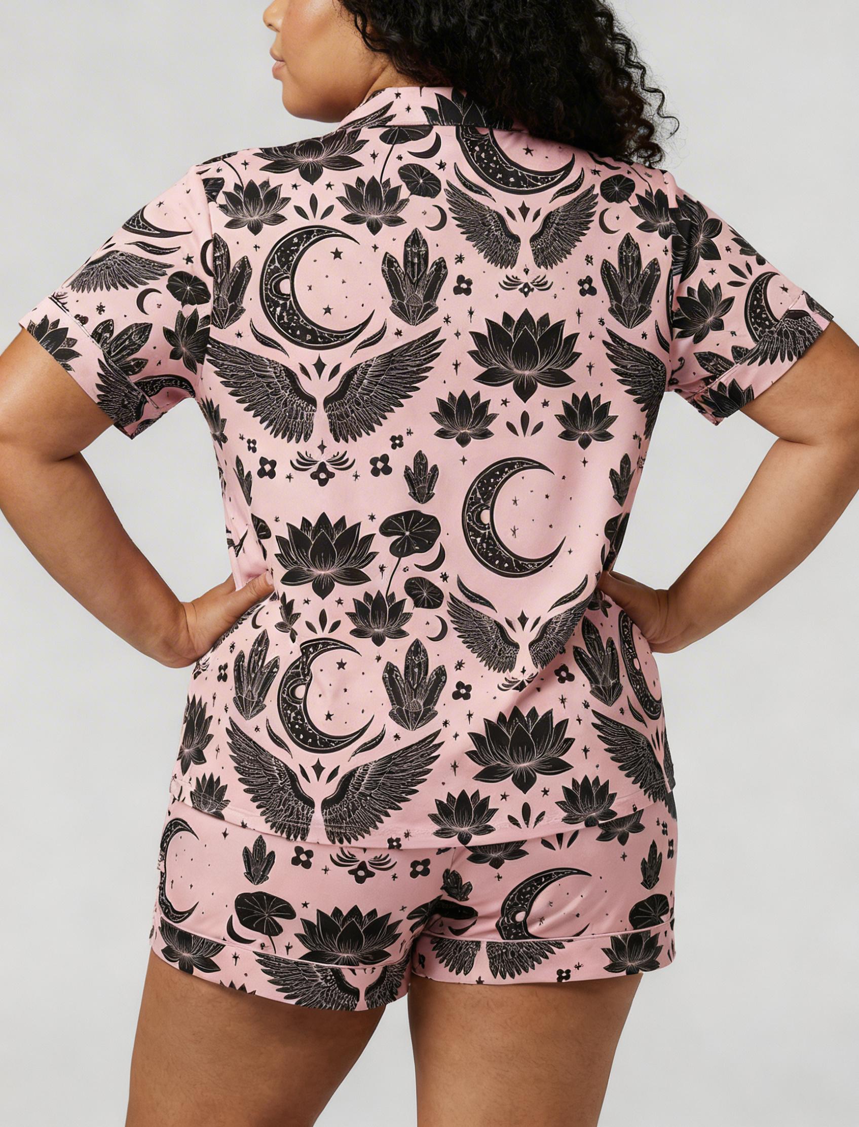 Plus Size  Pajamas for Women, Witchy Crystal Print Sleepwear, Boho Mystic Satin Pajama Set, Cozy Custom Pattern， Gift for Herr (0X–4X)