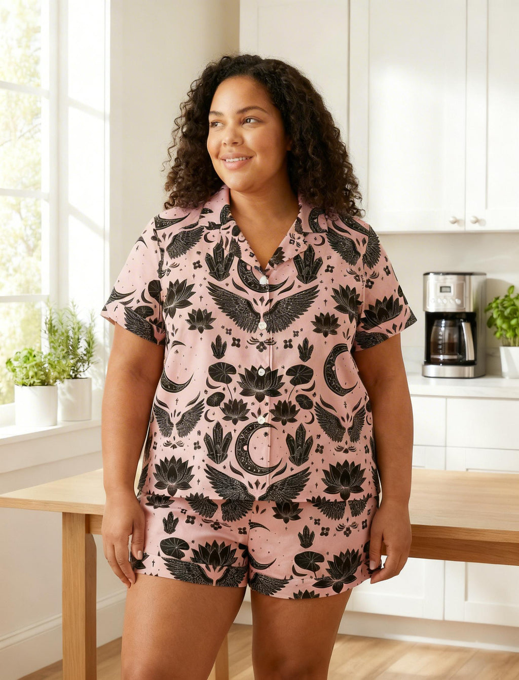 Plus Size  Pajamas for Women, Witchy Crystal Print Sleepwear, Boho Mystic Satin Pajama Set, Cozy Custom Pattern， Gift for Herr (0X–4X)