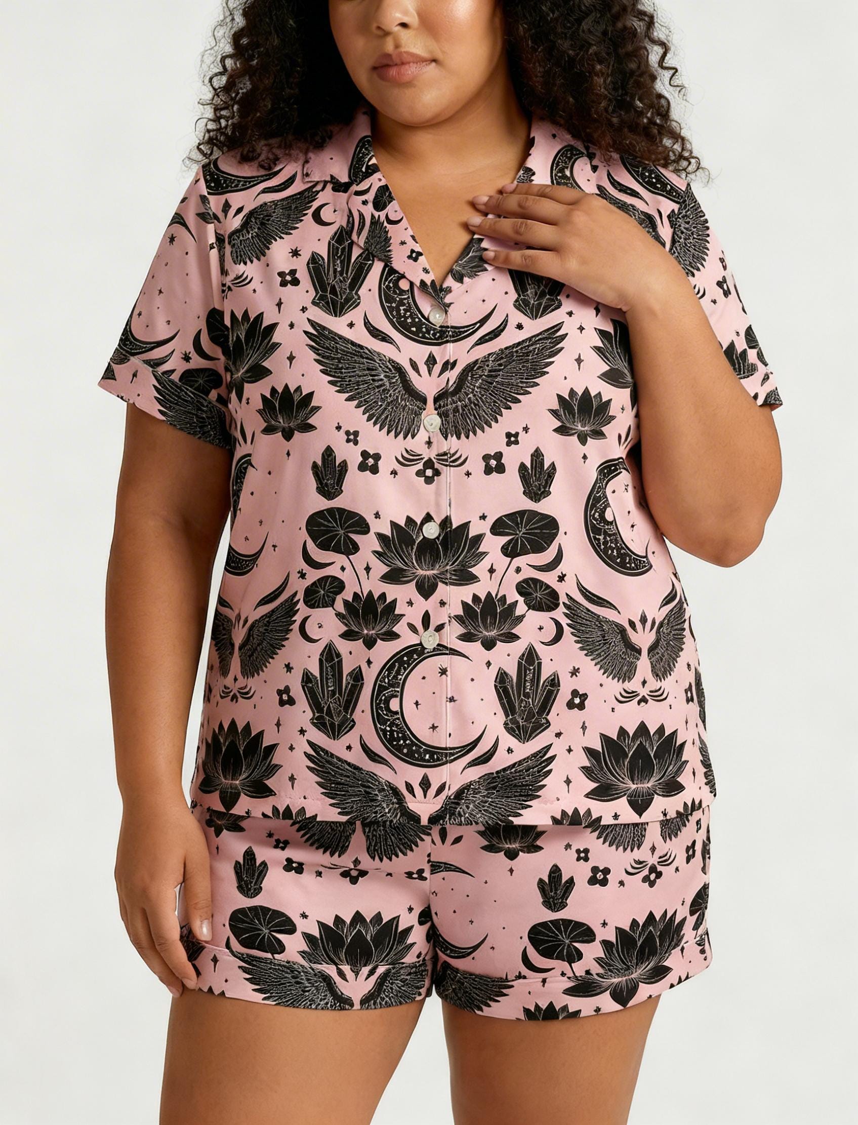 Plus Size  Pajamas for Women, Witchy Crystal Print Sleepwear, Boho Mystic Satin Pajama Set, Cozy Custom Pattern， Gift for Herr (0X–4X)