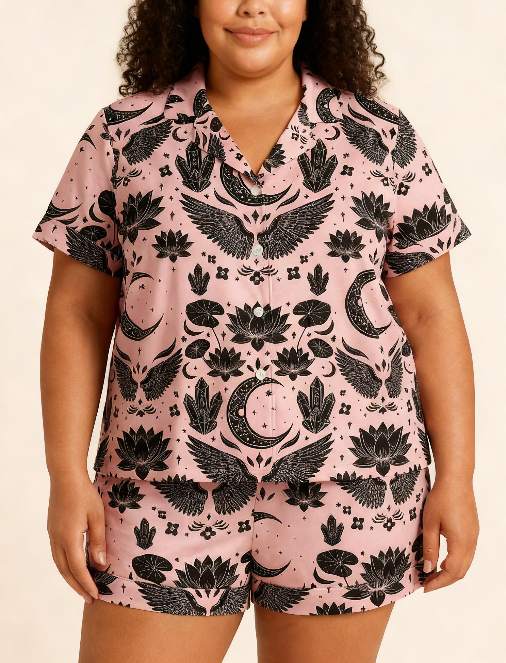 Plus Size  Pajamas for Women, Witchy Crystal Print Sleepwear, Boho Mystic Satin Pajama Set, Cozy Custom Pattern， Gift for Herr (0X–4X)