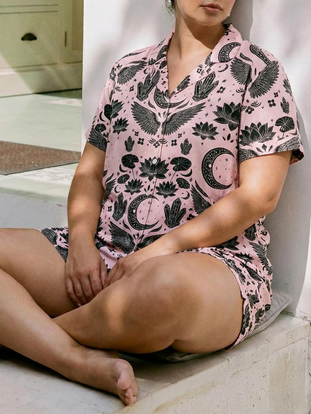 Plus Size  Pajamas for Women, Witchy Crystal Print Sleepwear, Boho Mystic Satin Pajama Set, Cozy Custom Pattern， Gift for Herr (0X–4X)