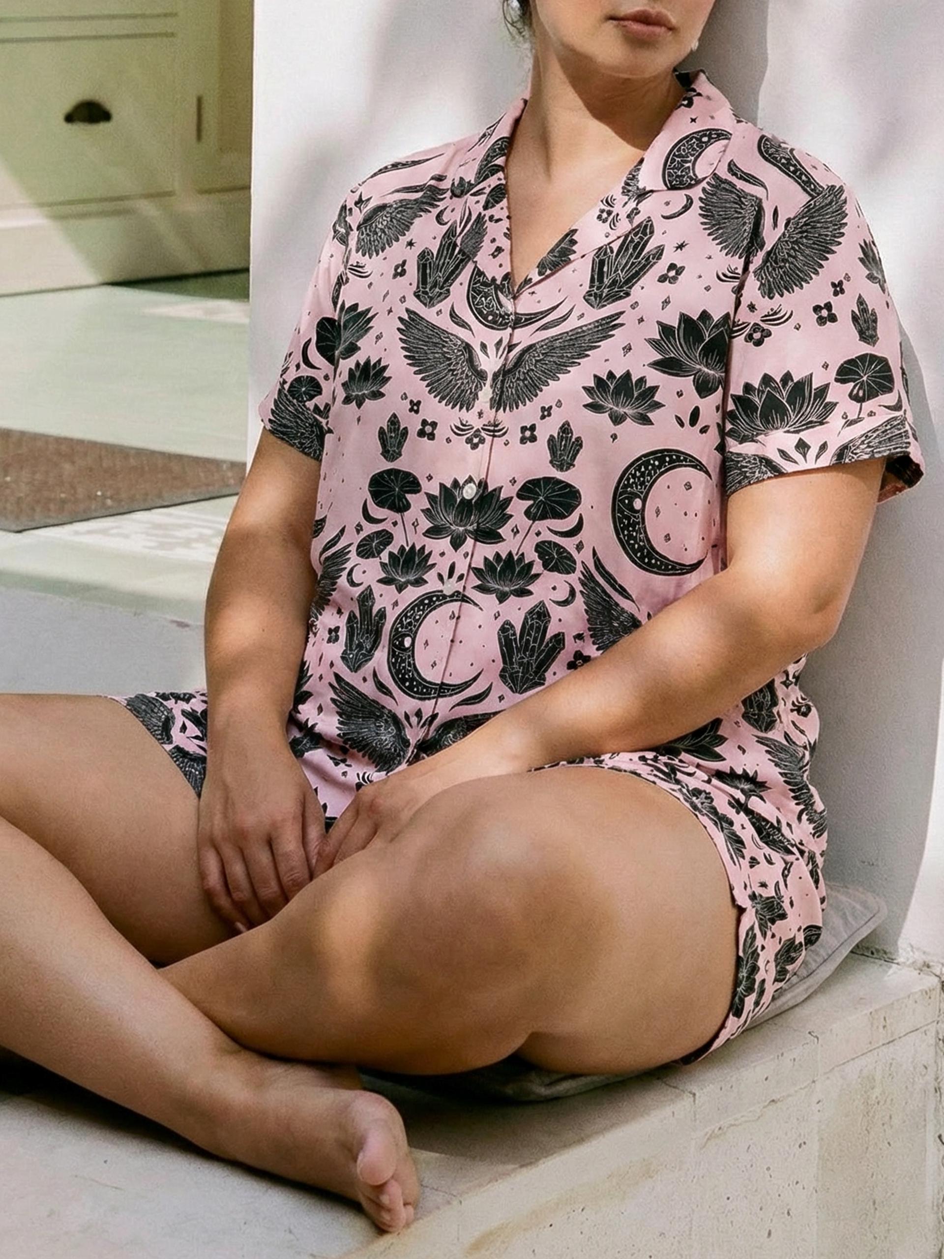 Plus Size  Pajamas for Women, Witchy Crystal Print Sleepwear, Boho Mystic Satin Pajama Set, Cozy Custom Pattern， Gift for Herr (0X–4X)