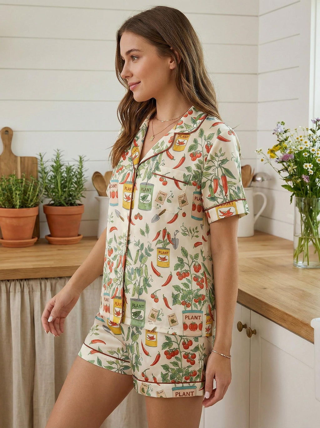 Garden Lover Pajamas for Women, Tomato Vegetable Print Sleepwear, Spring Plant Pajama Set, Funny Gift for Mom or Gardener