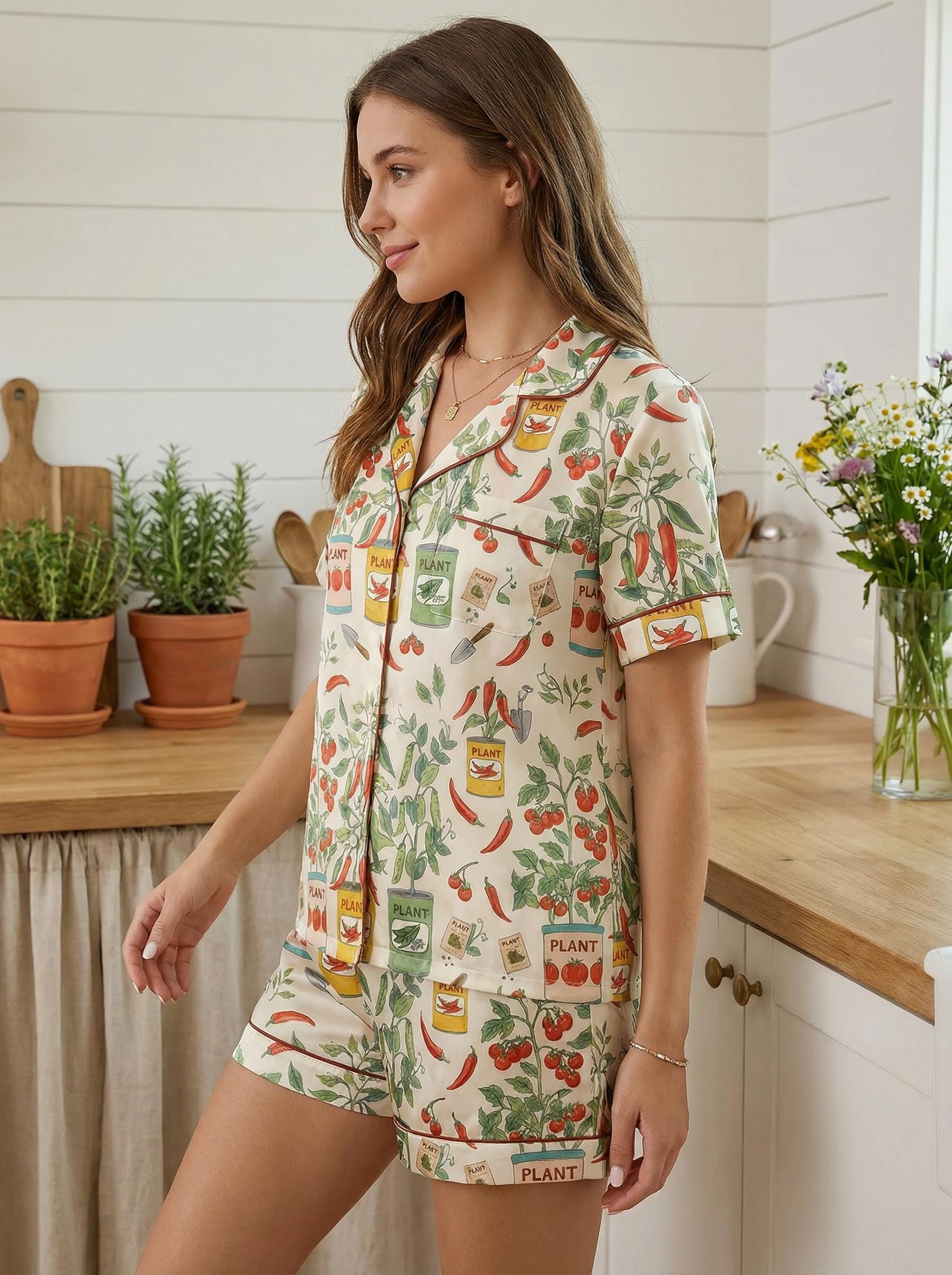 Garden Lover Pajamas for Women, Tomato Vegetable Print Sleepwear, Spring Plant Pajama Set, Funny Gift for Mom or Gardener