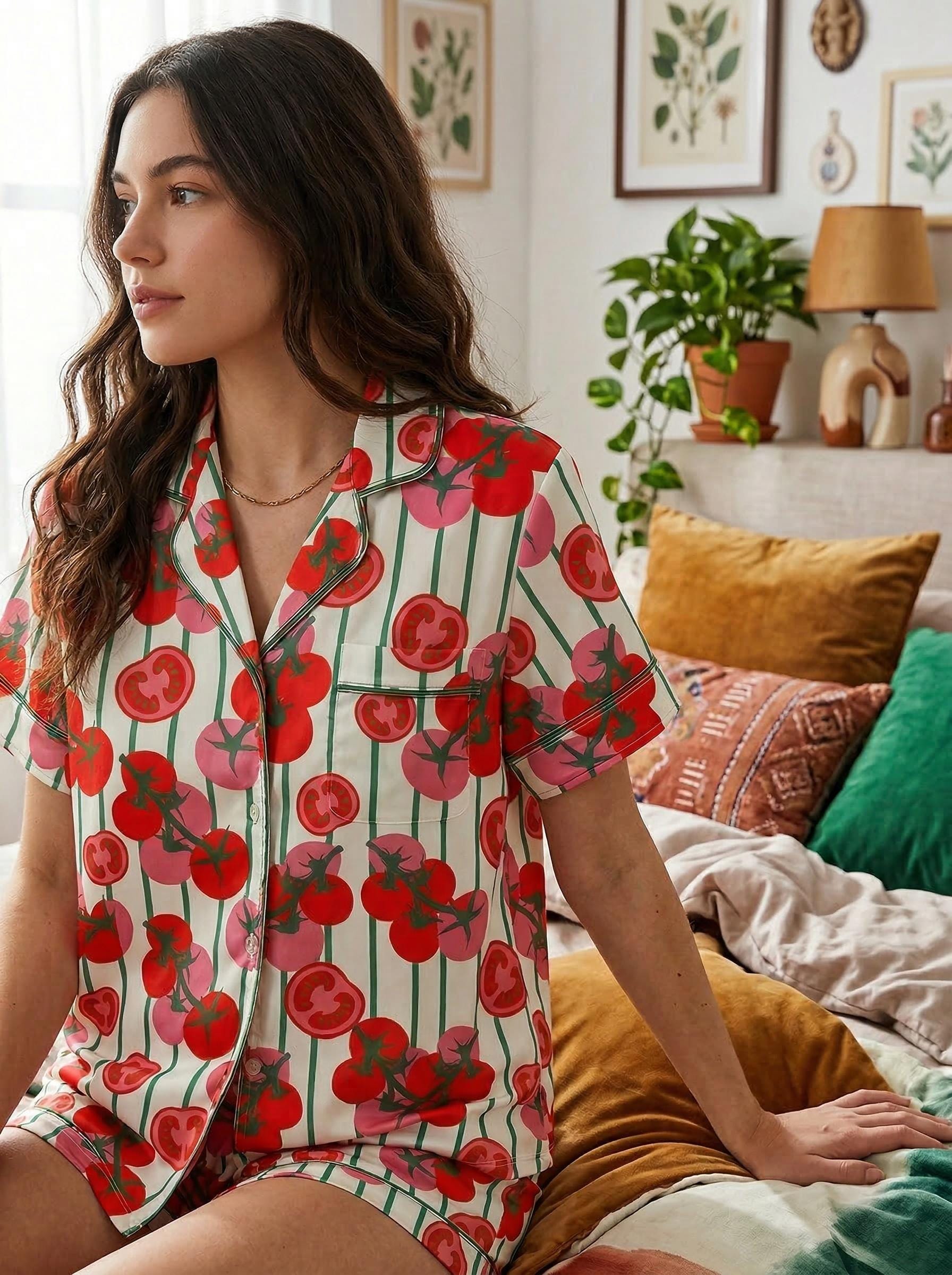 Tomato Short Satin Pajamas, Fruity Sleepwear Set Women,Summer Satin Pjs, Hand Drawn Aesthetic Loungewear, Luxury Bride Set