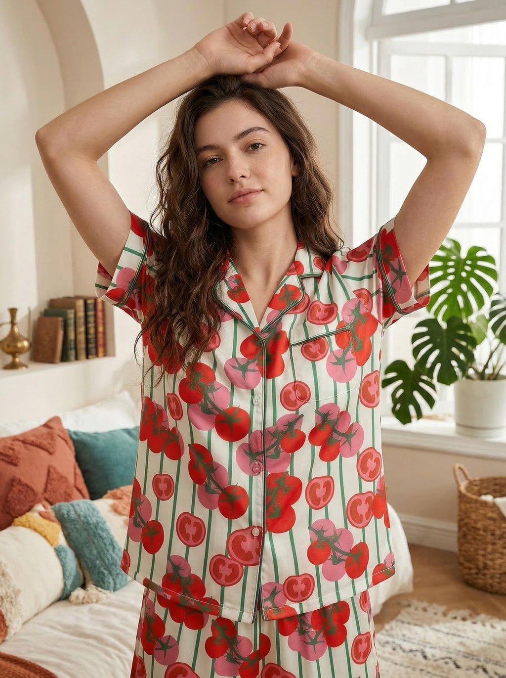 Tomato Short Satin Pajamas, Fruity Sleepwear Set Women,Summer Satin Pjs, Hand Drawn Aesthetic Loungewear, Luxury Bride Set