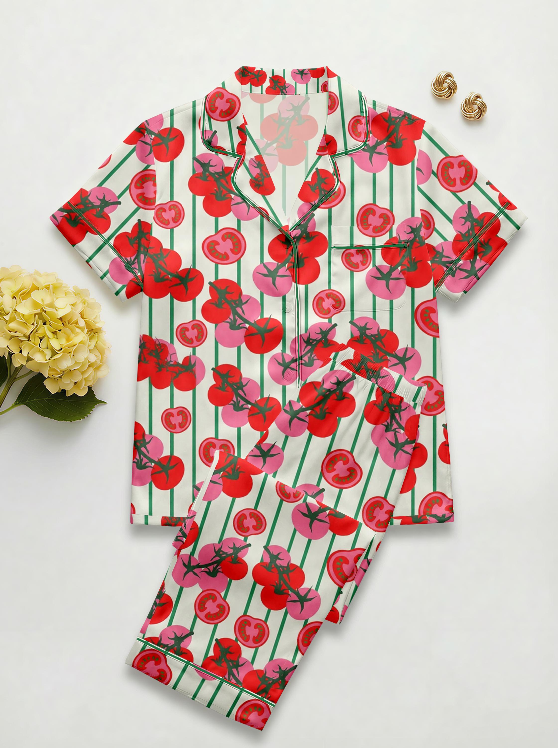 Tomato Short Satin Pajamas, Fruity Sleepwear Set Women,Summer Satin Pjs, Hand Drawn Aesthetic Loungewear, Luxury Bride Set