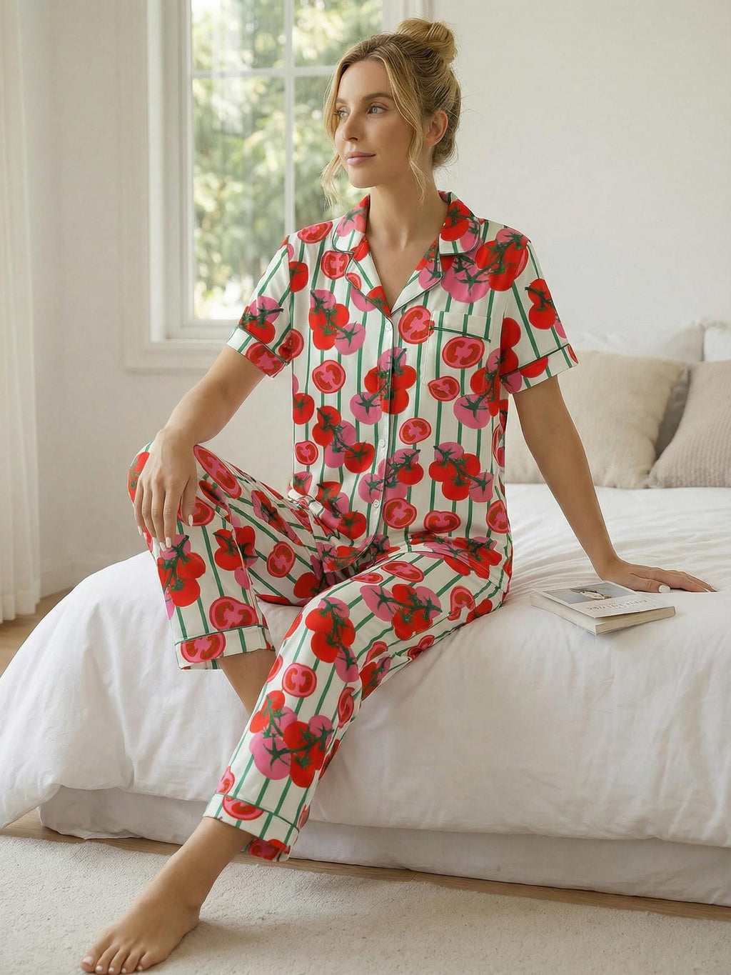 Tomato Short Satin Pajamas, Fruity Sleepwear Set Women,Summer Satin Pjs, Hand Drawn Aesthetic Loungewear, Luxury Bride Set