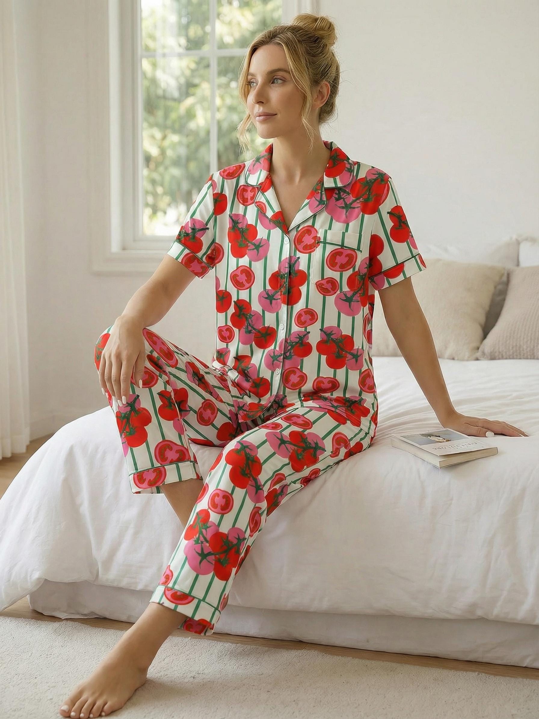 Tomato Short Satin Pajamas, Fruity Sleepwear Set Women,Summer Satin Pjs, Hand Drawn Aesthetic Loungewear, Luxury Bride Set