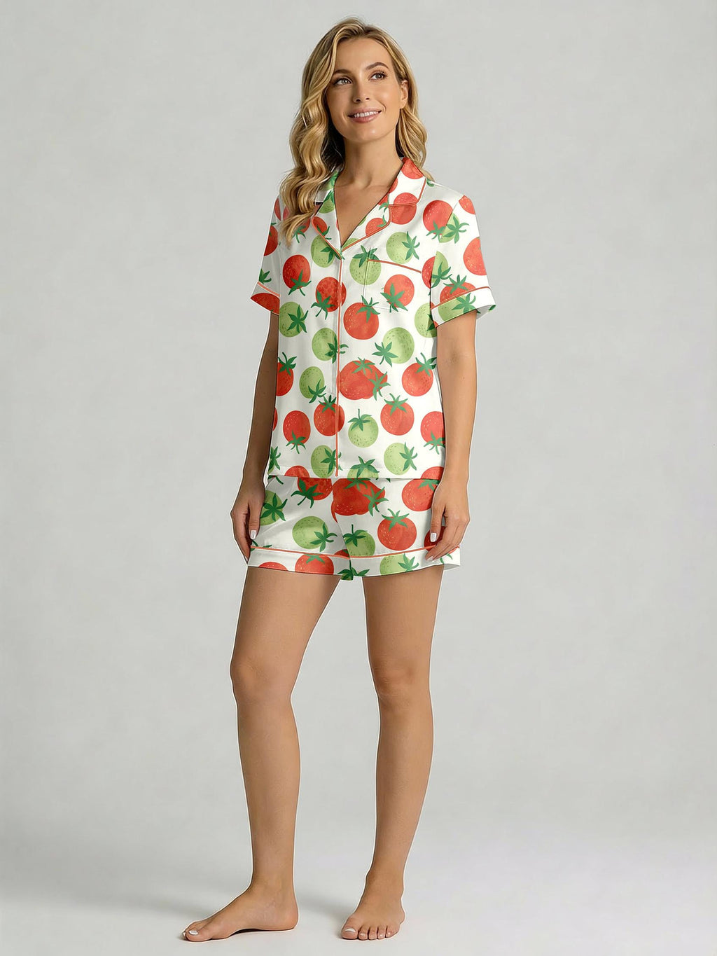 Tomato Print Pajamas for Women, Satin Pajama Set, Summer shorts Lounge , Soft Sleepwear Set, Gift Pajamas for Her,Sleepover night