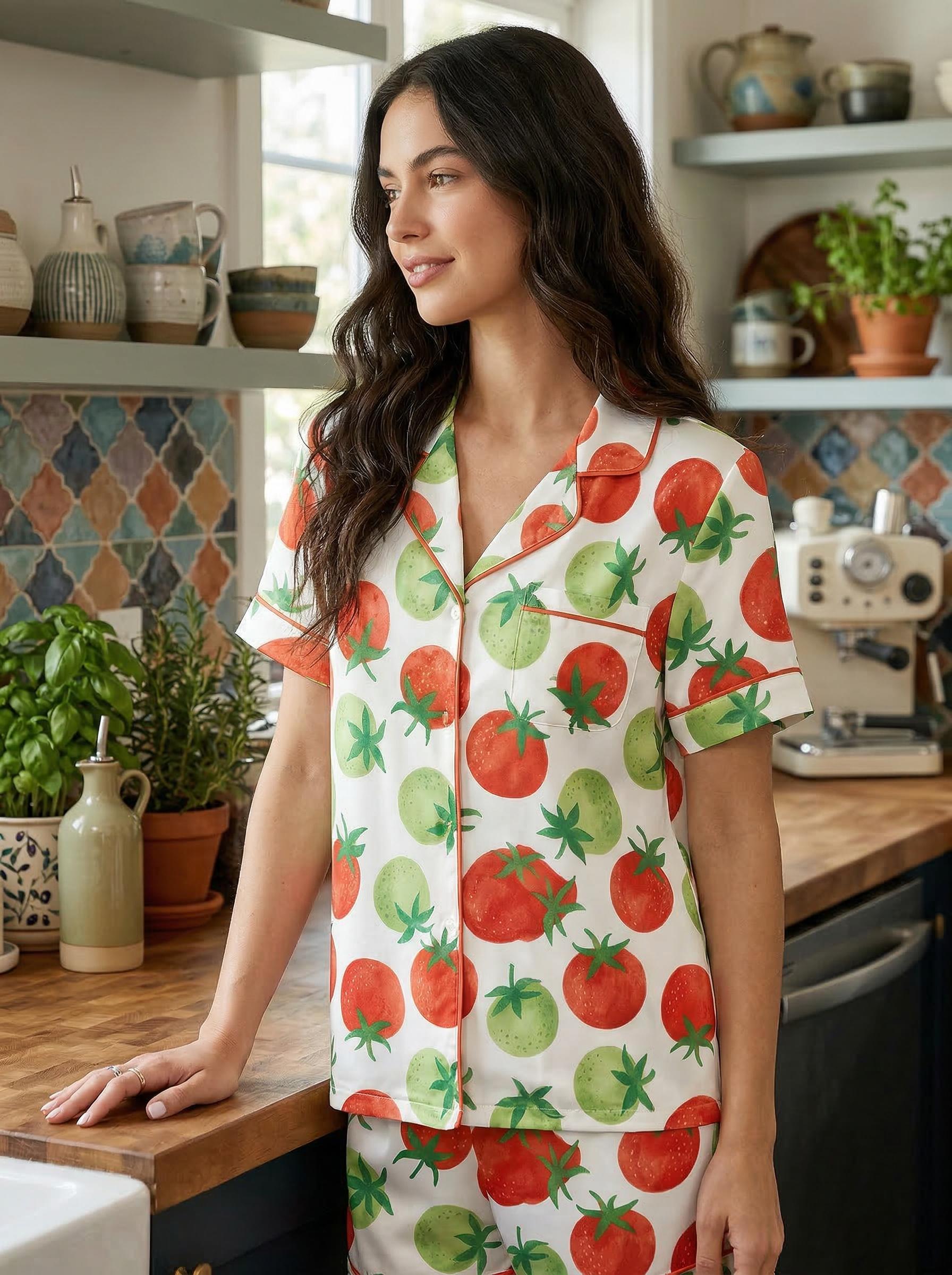 Tomato Print Pajamas for Women, Satin Pajama Set, Summer shorts Lounge , Soft Sleepwear Set, Gift Pajamas for Her,Sleepover night