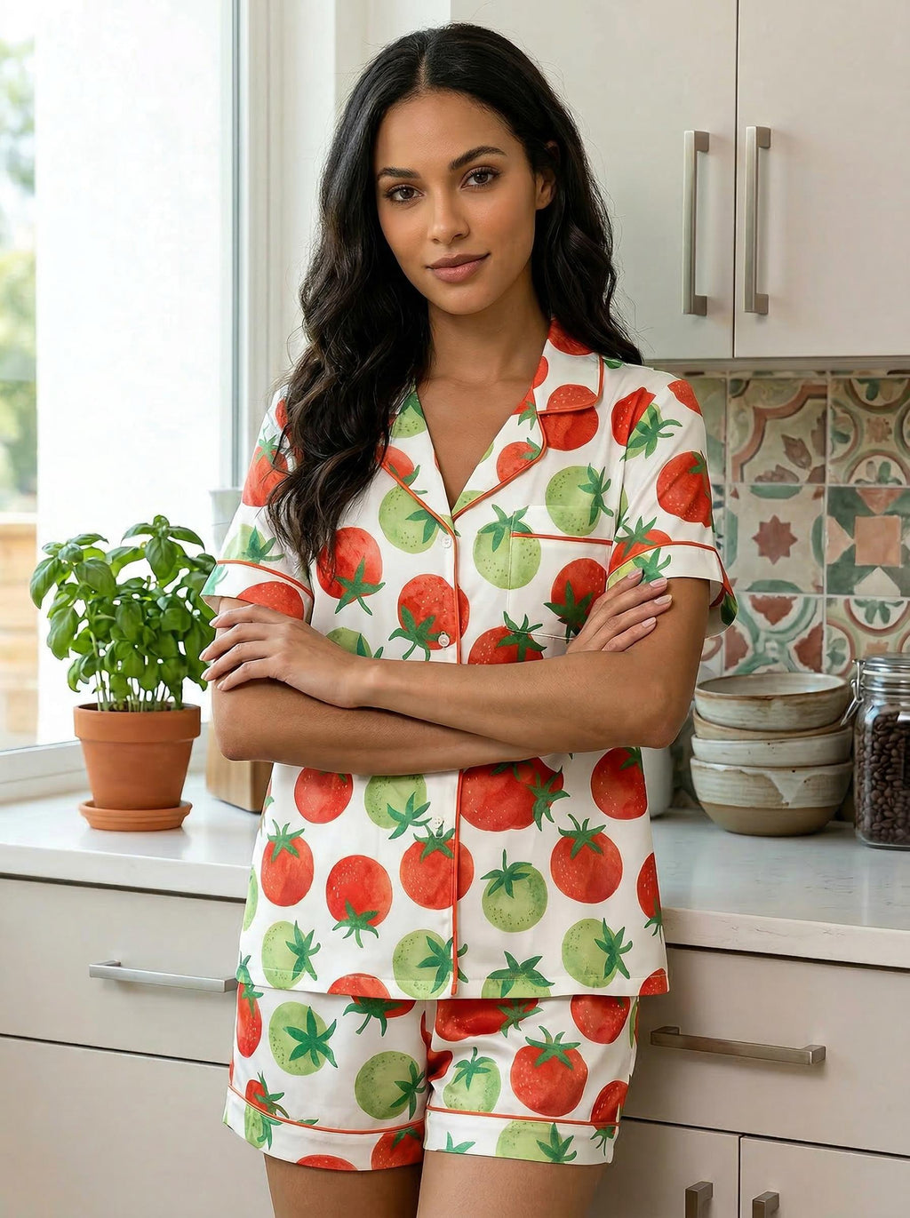 Tomato Print Pajamas for Women, Satin Pajama Set, Summer shorts Lounge , Soft Sleepwear Set, Gift Pajamas for Her,Sleepover night