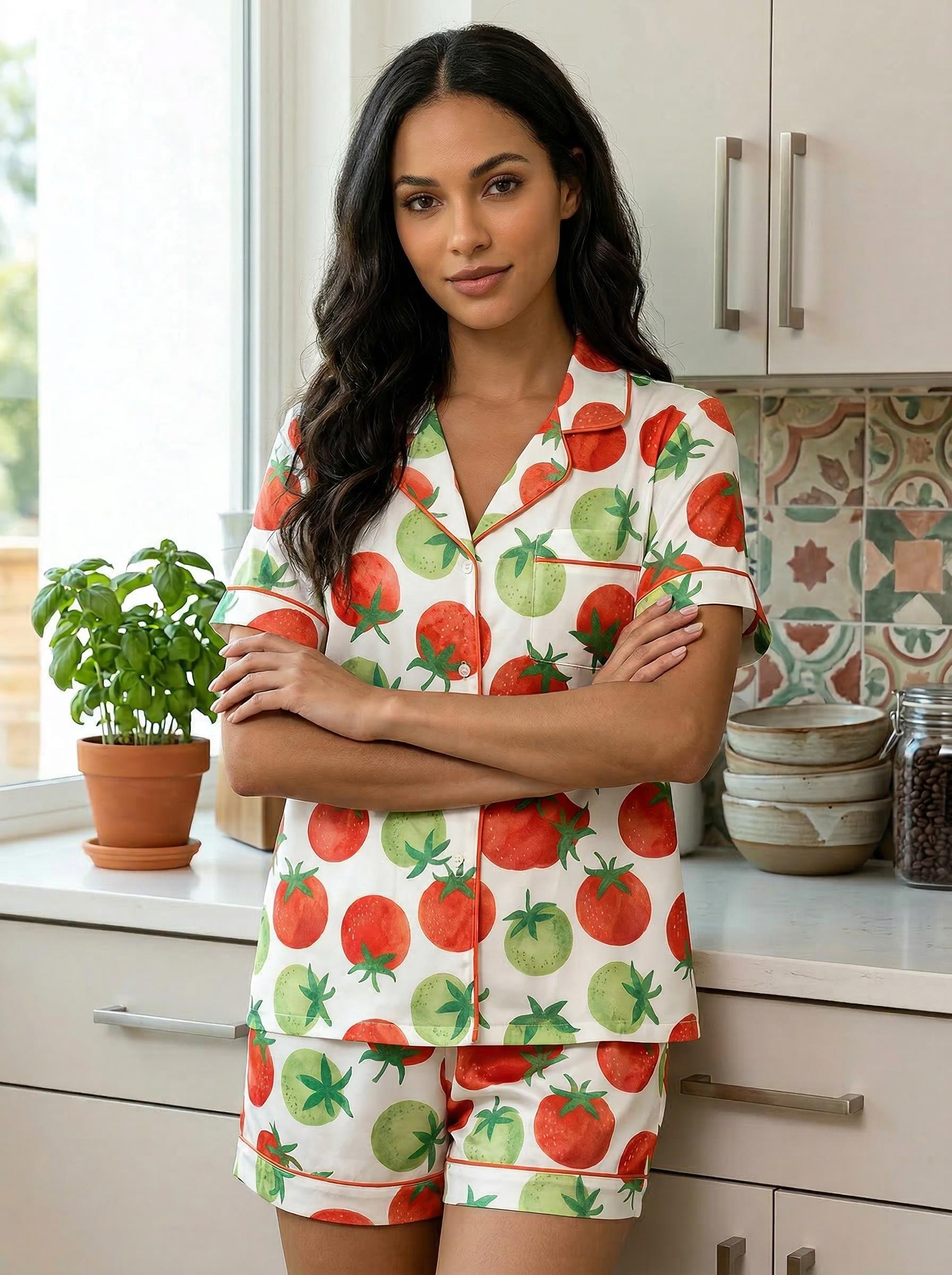 Tomato Print Pajamas for Women, Satin Pajama Set, Summer shorts Lounge , Soft Sleepwear Set, Gift Pajamas for Her,Sleepover night