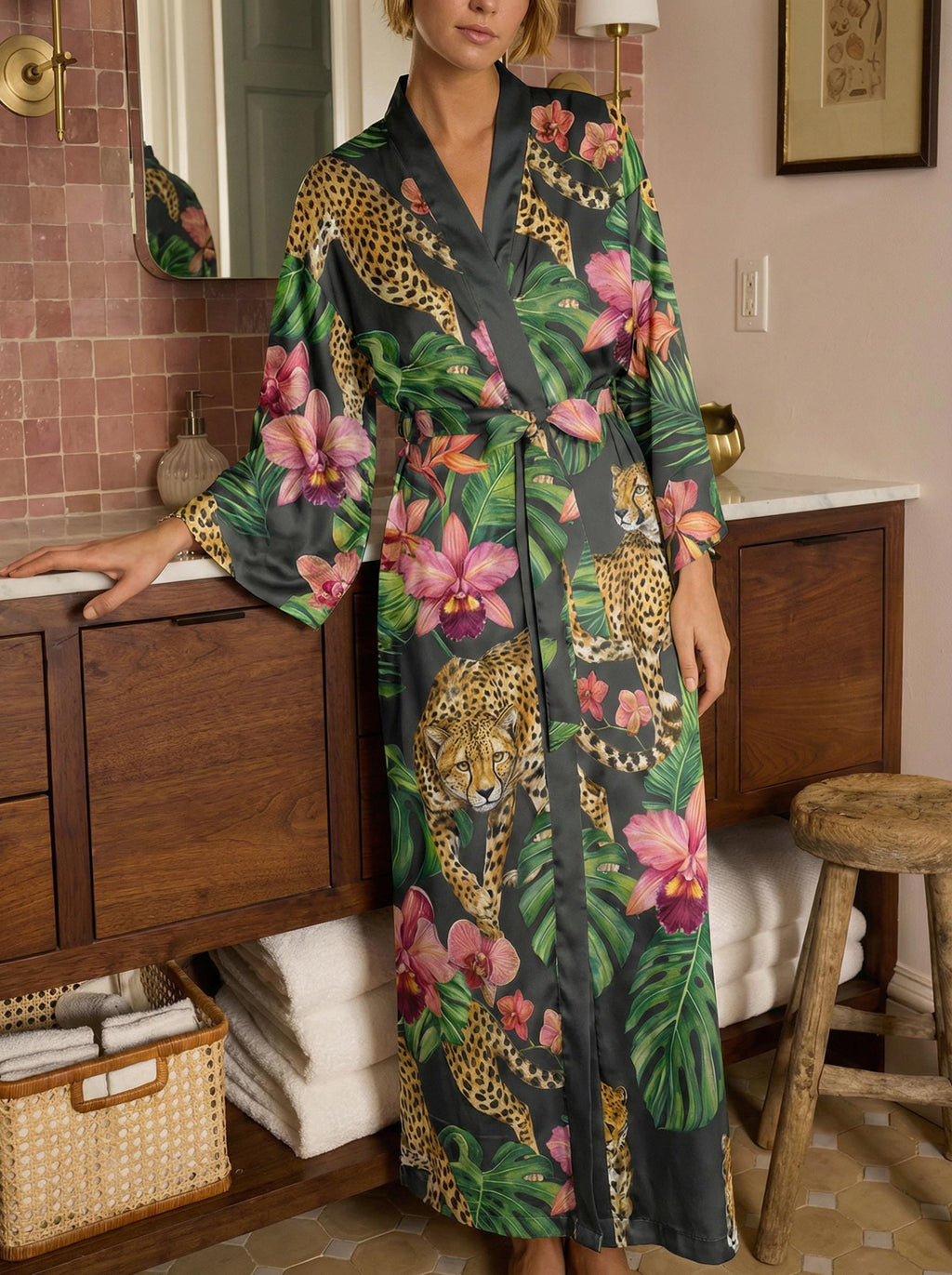 Mother’s Day Gift for Mom, Matching Mother Daughter Robe Set, Tropical Leopard Kimono Robe, Soft Satin Lounge Wear, Gift from Daughter